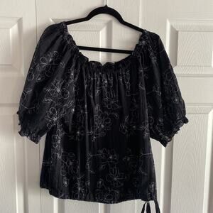 Peter Nygard Women's 14‎ Black Floral Embroidered Peasant Boho Top Blouse